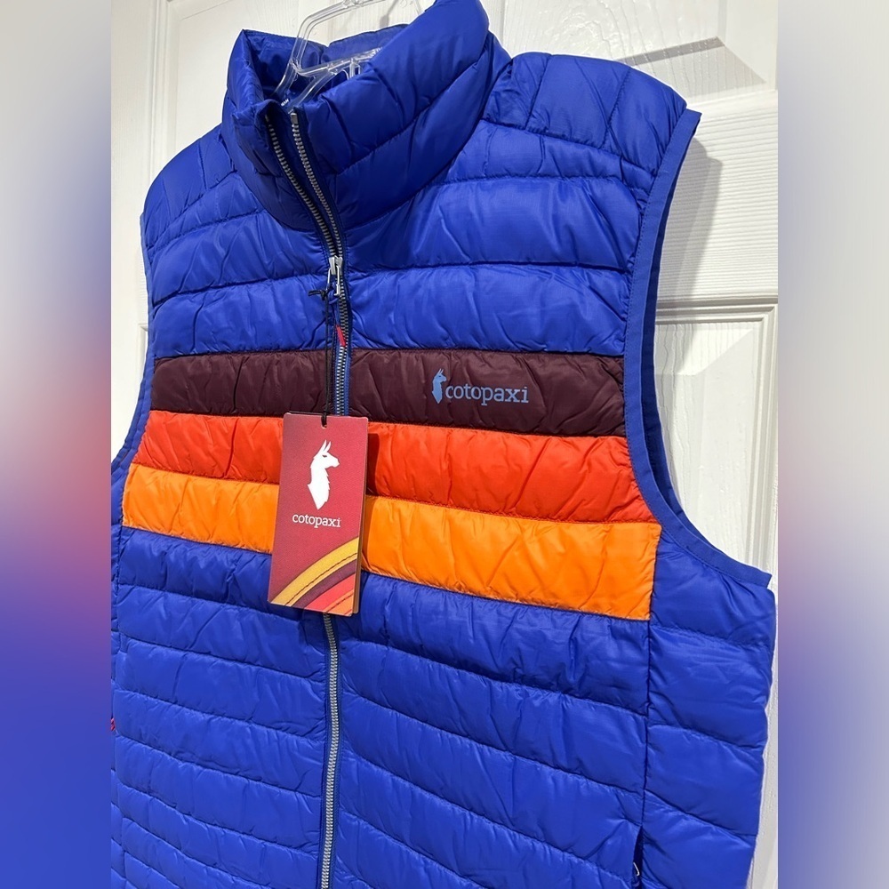 Cotopaxi Men's Xl Fuego Down Vest Blue Violet Stripes Yellow Nwt Puffy Puff — image 2 of 8